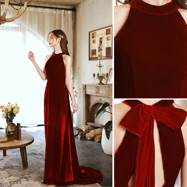 Fashion Burgundy Suede Evening Dresses 2022 A-Line / Princess Sleeveless Backless Halter Sweep Train Evening Party Formal Dresses