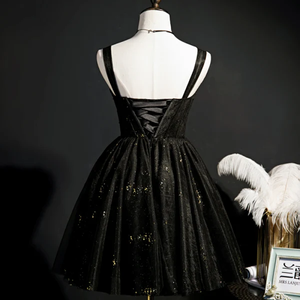 Fashion Black Sequins Short Party Dresses 2022 A-Line / Princess Spaghetti Straps Backless Sleeveless Formal Dresses