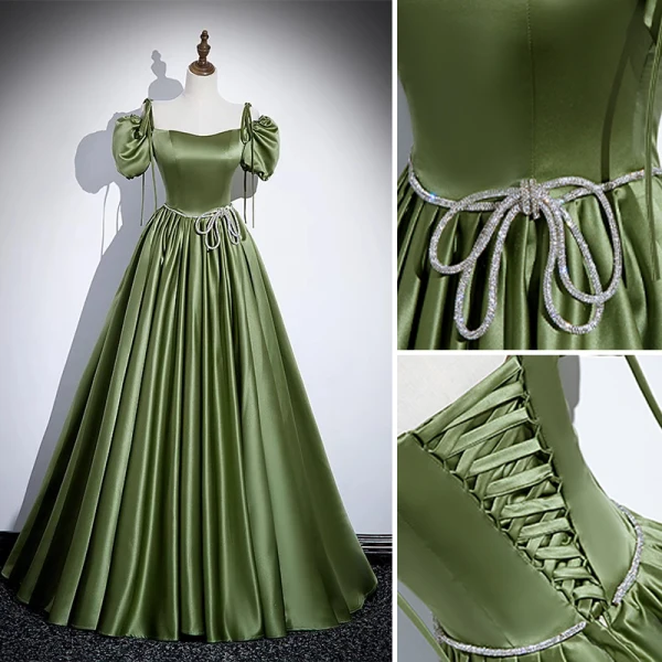 Chic / Belle Vert Cendré Satin Robe De Bal 2023 Princesse Bretelles Spaghetti Gonflée Manches Courtes Dos Nu Faux Diamant Noeud Ceinture Longue Promo Robe De Ceremonie