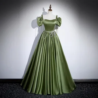Chic Belle Vert Cendré Satin Robe De Bal 2023 Princesse Bretelles Spaghetti Gonflée Manches Courtes Dos Nu Faux Diamant Noeud Ceinture Longue Promo Robe De Ceremonie