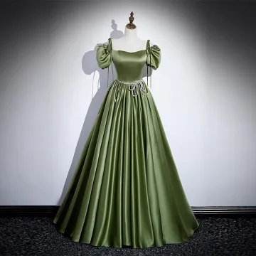 Schöne Salbeigrün Satin Ballkleider 2023 A Linie Spaghettiträger Geschwollenes Kurze Ärmel Rückenfreies Strass Schleife Stoffgürtel Lange Ball Festliche Kleider