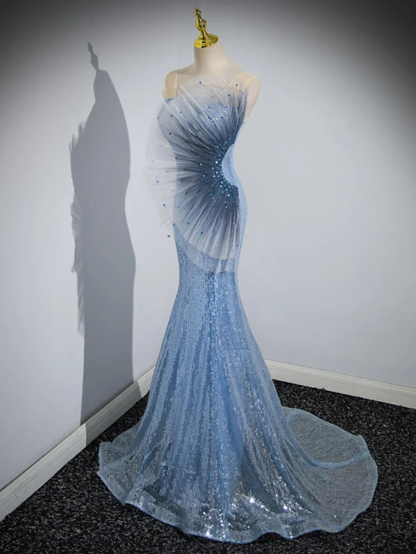 Sexy Bleu Ciel Paillettes Robe De Soirée 2023 Trompette / Sirène Bustier Sans Manches Dos Nu Train De Balayage Soirée Robe De Ceremonie