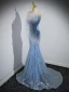 Sexy Bleu Ciel Paillettes Robe De Soirée 2023 Trompette / Sirène Bustier Sans Manches Dos Nu Train De Balayage Soirée Robe De Ceremonie