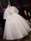 Chic / Beautiful White Spotted Lace Flower Flower Girl Dresses 2022 Ball Gown High Neck Beading Pearl Appliques Short Sleeve Floor-Length / Long Prom Flower Girl Dresses