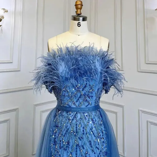 High End Meeresblau Handgefertigt Perlenstickerei Pailletten Gespaltete Front Ballkleider 2024 Meerjungfrau Bandeau Kurze Ärmel Rückenfreies Lange Ball Festliche Kleider