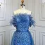 High End Meeresblau Handgefertigt Perlenstickerei Pailletten Gespaltete Front Ballkleider 2024 Meerjungfrau Bandeau Kurze Ärmel Rückenfreies Lange Ball Festliche Kleider
