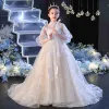 Charming Ivory Prom Flower Girl Dresses 2022 Ball Gown High Neck 1/2 Sleeves Beading Pearl Sequins Floor-Length / Long Flower Girl Dresses
