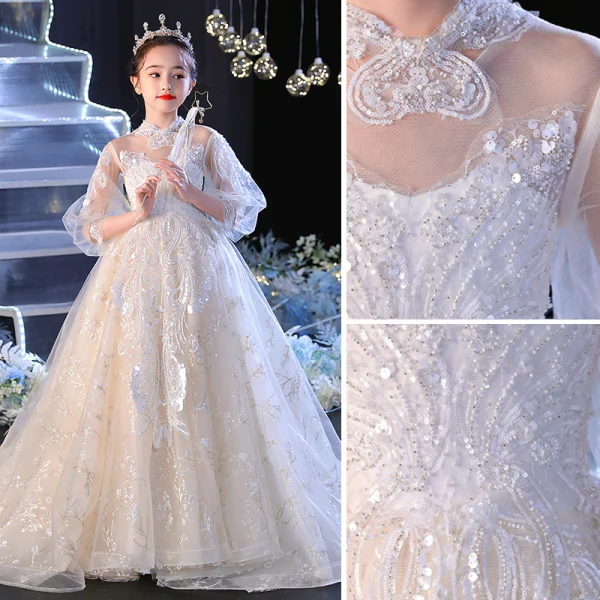 Charming Ivory Prom Flower Girl Dresses 2022 Ball Gown High Neck 1/2 Sleeves Beading Pearl Sequins Floor-Length / Long Flower Girl Dresses