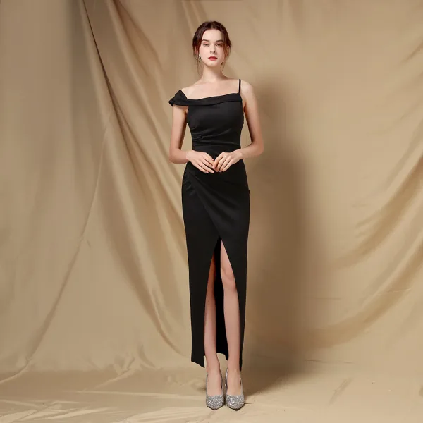 Modest / Simple Black Party Dresses 2022 Trumpet / Mermaid Spaghetti Straps Sleeveless Backless Floor-Length / Long Evening Party Cocktail Party Formal Dresses