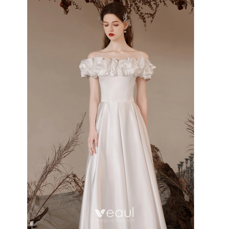 white off shoulder graduation dress White Off Shoulder Satin Long Prom Dresses With Leg Slit, White Brides –  morievent main image 1