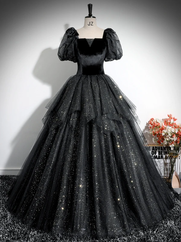 Elegante Schwarz Glanz Ballkleider 2024 Ballkleid Eckiger Ausschnitt Geschwollenes Kurze Ärmel Rückenfreies Lange Ball Festliche Kleider
