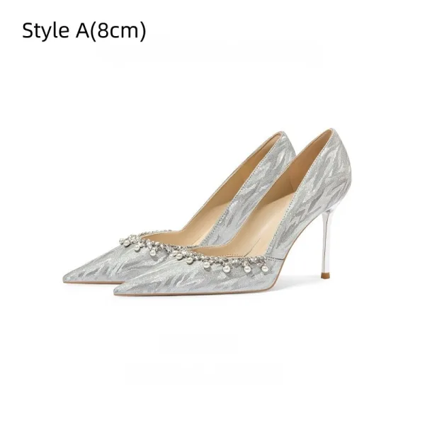 Charming Silver Rhinestone Pearl Leather Wedding Shoes 2026 8 cm Stiletto Heels Pointed Toe Wedding Pumps High Heels
