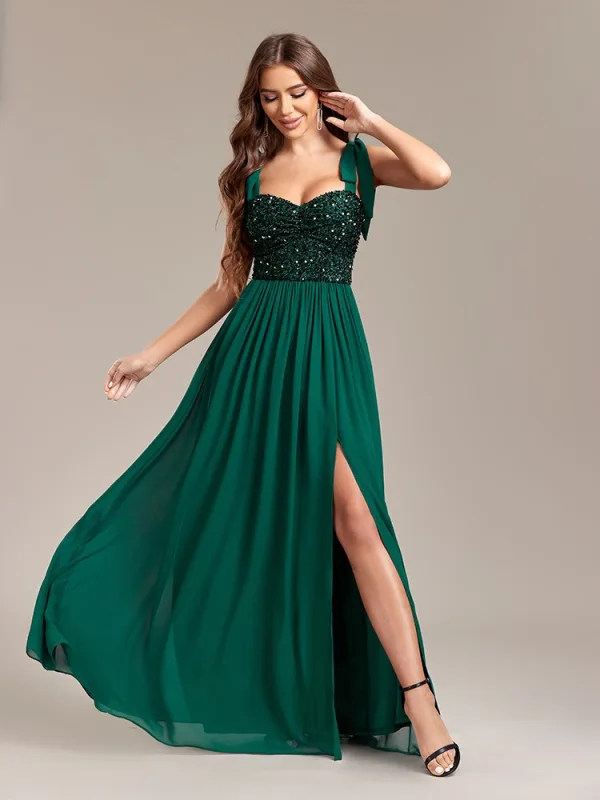 Simple Vert Foncé Perlage Paillettes Fendue devant Robe De Bal 2024 Princesse Bretelles Spaghetti Sans Manches Dos Nu Longue Promo Robe De Ceremonie