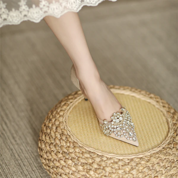 Chic / Beautiful Gold Rhinestone Wedding Shoes 2022 7 cm Stiletto Heels Pointed Toe Wedding Womens Shoes High Heels