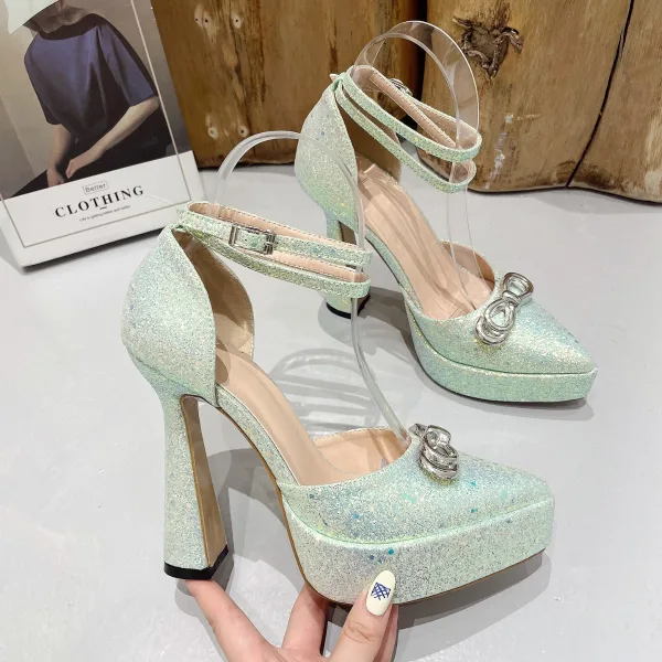 Charmant Noire Soirée Faux Diamant Noeud Sandales Femme 2023 Bride Cheville 13 cm Talons Aiguilles À Bout Pointu Sandales Talons Hauts