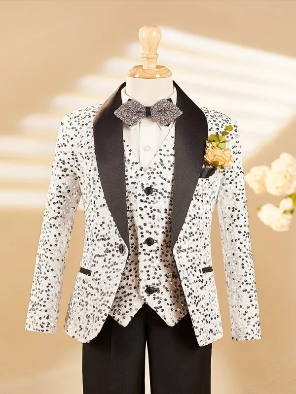 Blanche Tomber Hiver Paillettes 6 pièces Costume Garçon Mariage 2025 Manches Longues Bijoux De Corps Manteau Pantalon Chemise Cravate Gilet