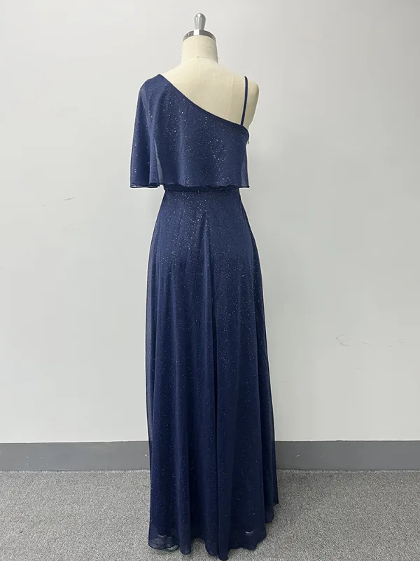 Schöne Marineblau Glanz Gespaltete Front Ballkleider 2024 A Linie One-Shoulder Seitlicher Reißverschluss Kurze Ärmel Rückenfreies Lange Ball Festliche Kleider