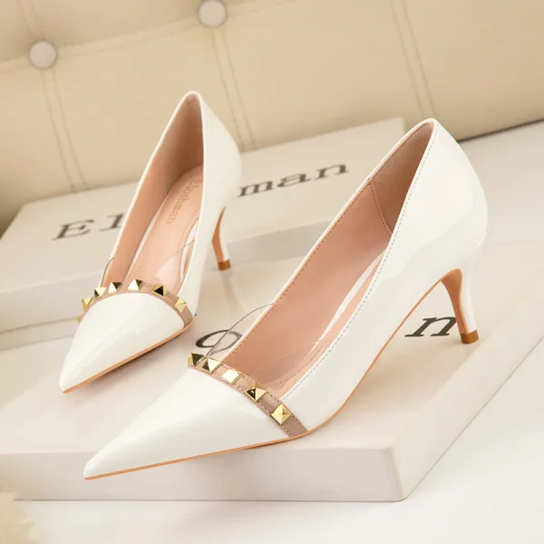 Sexy Black Patent Leather Evening Party Pumps 2022 Rivet 6 cm Stiletto Heels Pointed Toe Pumps High Heels