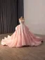 Luxury / Gorgeous Blushing Pink Handmade  Beading Sequins Cascading Ruffles Prom Dresses 2026 Ball Gown Strapless Sleeveless Backless Royal Train Formal Dresses