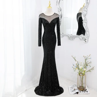 Charmant Glitter Zwarte Rhinestone Pailletten Avondjurken 2022 Trompet Zeemeermin Ronde Hals Lange Mouwen Sweep Trein Avond Gelegenheid Jurken