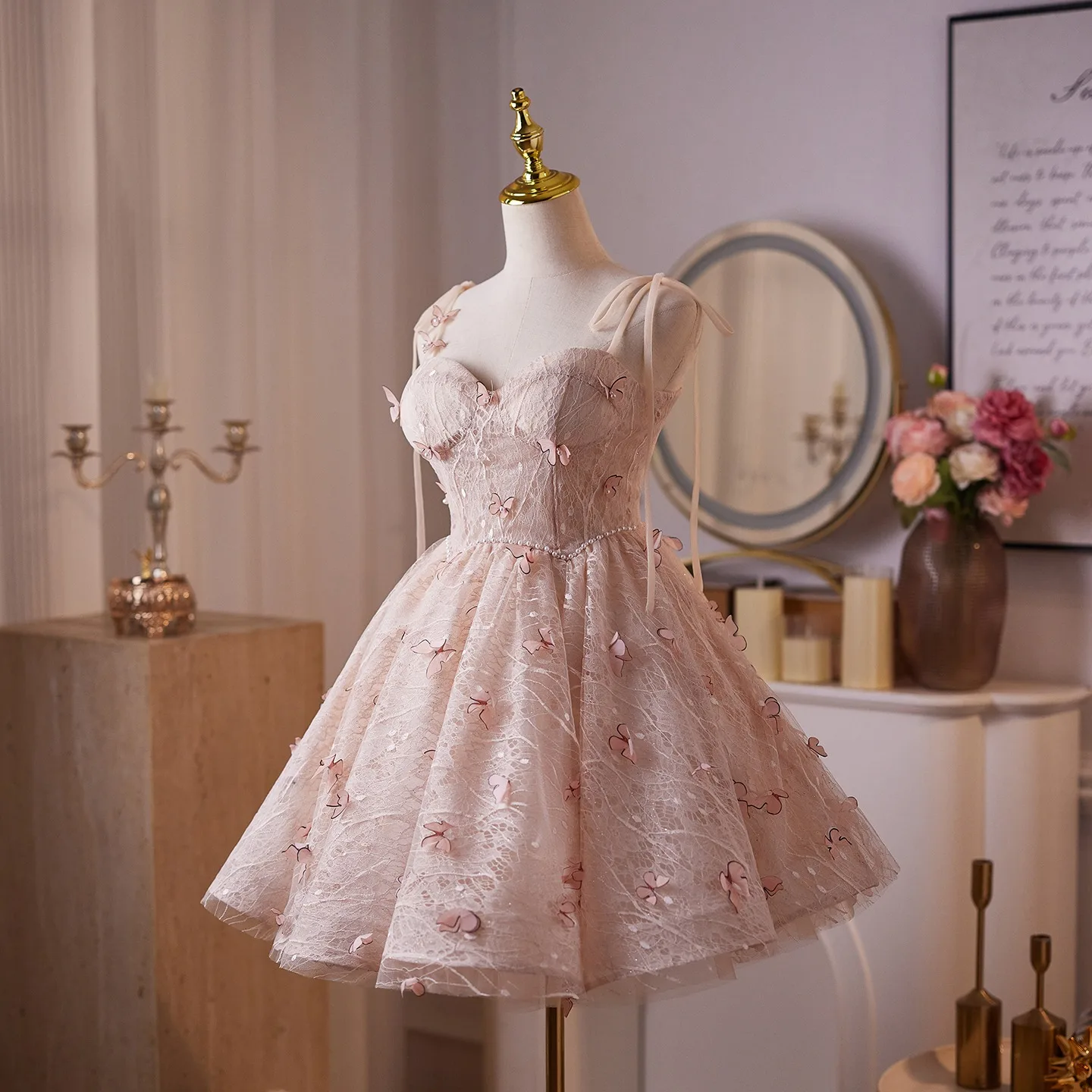 Lovely Blushing Pink Butterfly Pearl Lace Flower Short Birthday Party Dresses 2025 Ball Lovely Blushing Pink Butterfly Pearl Lace Flower Short Birthday Party Dresses 2025 Ball