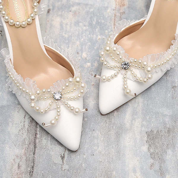 Vintage Witte Parel Rhinestone Strik Bruidsschoenen 2024 9 cm Naaldhakken / Stiletto Spitse Neus Huwelijk Hoge Hakken