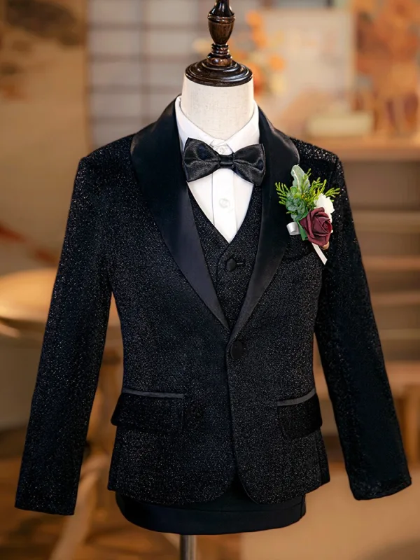 Schwarz 6 Stück Lange Ärmel Hochzeit Anzüge Jungs 2024 Schulterschmuck Mantel Hose Hemd Krawatte Weste