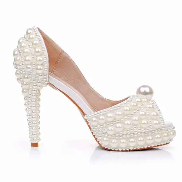 Elegante Beige Perle Brautschuhe 2024 11 cm Stilettos Peeptoes Hochzeit Sandaletten Hochhackige