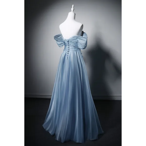 Chic / Beautiful Sky Blue Handmade  Pearl Prom Dresses 2026 A-Line / Princess Off-The-Shoulder Short Sleeve Backless Floor-Length / Long Formal Dresses
