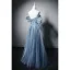 Chic / Beautiful Sky Blue Handmade  Pearl Prom Dresses 2026 A-Line / Princess Off-The-Shoulder Short Sleeve Backless Floor-Length / Long Formal Dresses