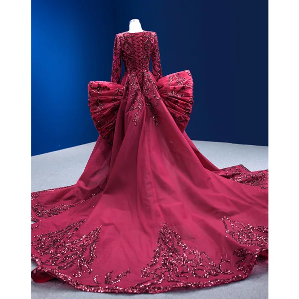 Vintage / Retro High-end Burgundy Sequins Evening Dresses 2022 Trumpet / Mermaid Scoop Neck Long Sleeve Bow Royal Train Prom Formal Dresses