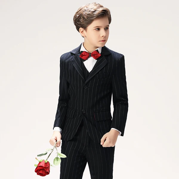 Classic 5-piece Stripe Black Long Sleeve Boys Wedding Suits 2022 Coat Pants Shirt Tie Vest Wedding