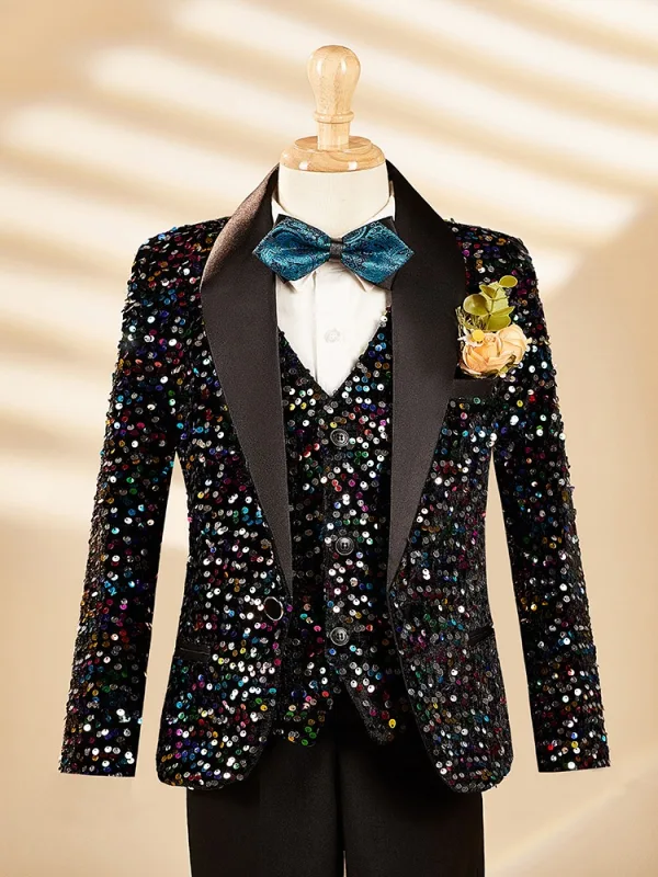 Black Fall Winter Long Sleeve Multi-Colors Sequins 6-piece Boys Wedding Suits 2025 Body Jewellery Coat Pants Shirt Tie Vest Boys Wedding Suits