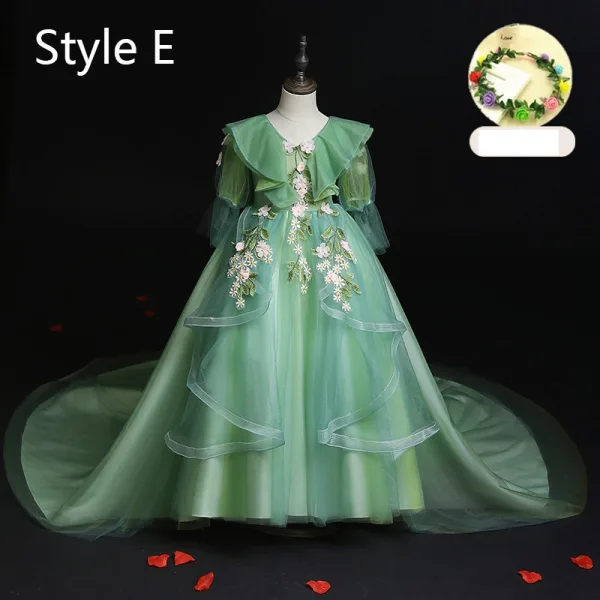 Flower Fairy Sage Green Appliques Lace Flower Birthday Flower Girl Dresses 2024 Ball Gown V-Neck Bell sleeves Court Train Flower Girl Dresses