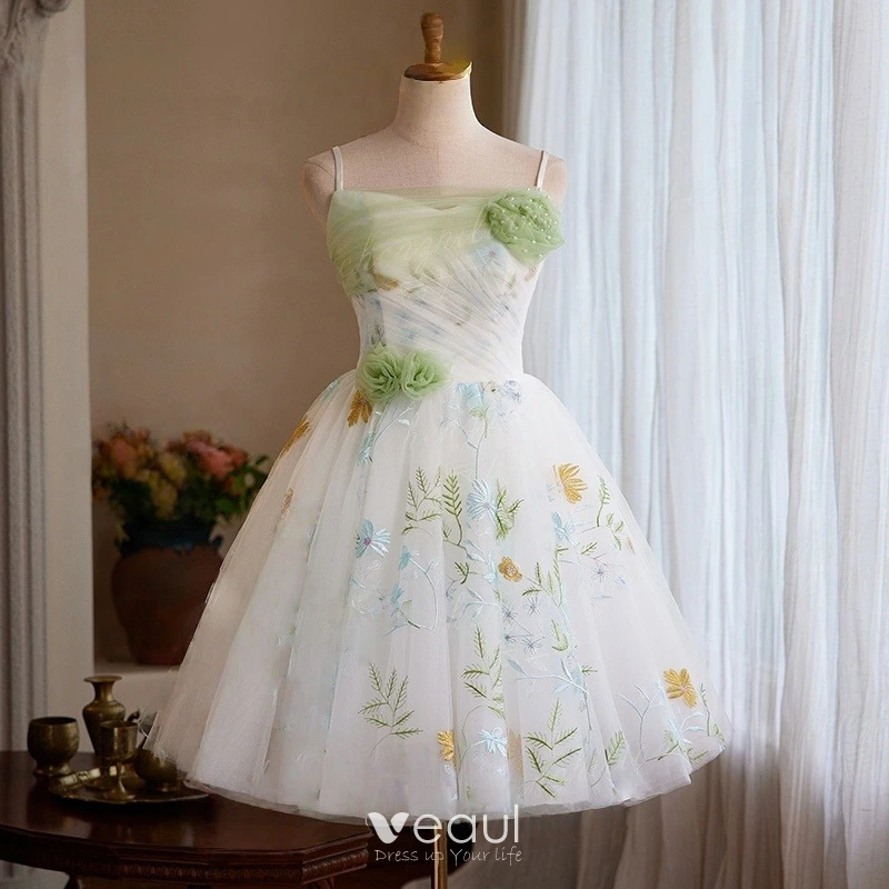 Chic / Beautiful Sage Green Appliques Homecoming Graduation Dresses 2025  A-Line / Princess Spaghetti Straps Sleeveless Backless Short Tulle