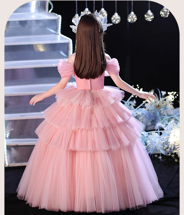 Lovely Blushing Pink Cascading Ruffles Appliques Birthday Flower Girl Dresses 2024 Ball Gown Scoop Neck Short Sleeve Floor-Length / Long