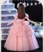 Lovely Blushing Pink Cascading Ruffles Appliques Birthday Flower Girl Dresses 2024 Ball Gown Scoop Neck Short Sleeve Floor-Length / Long