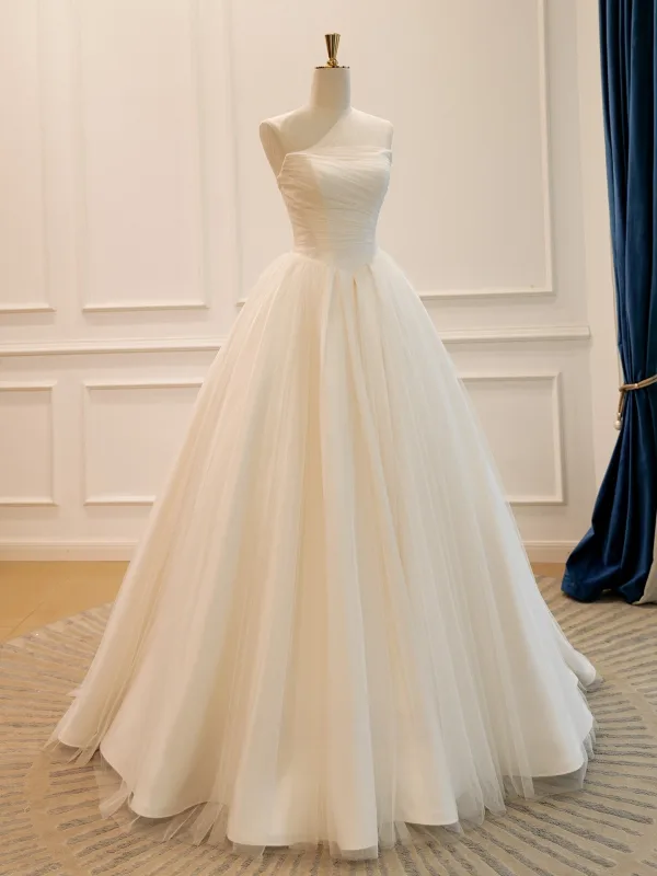 Schlicht High End Weiß Satin Brautkleider / Hochzeitskleider 2026 A Linie Bandeau Ärmellos Rückenfreies Lange