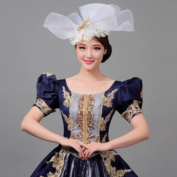 Medieval Vintage / Retro Navy Blue Beading Lace Flower Sequins Prom Dresses 2022 Ball Gown U-Neck Puffy Short Sleeve Floor-Length / Long Formal Dresses