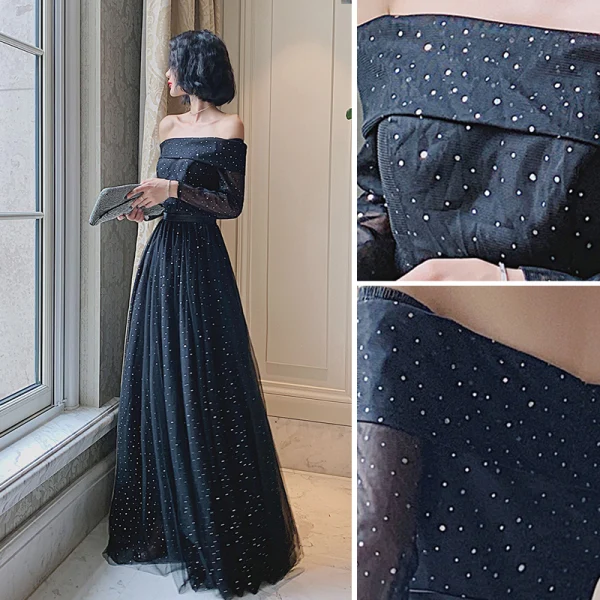 Chic / Belle Noire Paillettes Robe De Bal 2022 Princesse De l'épaule Manches Longues Dos Nu Ceinture Longue Promo Robe De Ceremonie