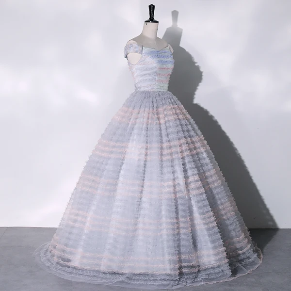 Charming Sky Blue Cascading Ruffles Prom Dresses 2023 Ball Gown Off-The-Shoulder Sleeveless Floor-Length / Long Prom Formal Dresses