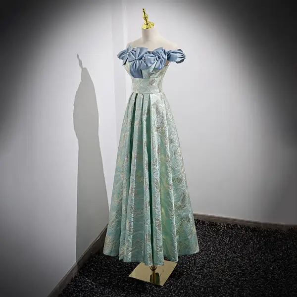 Chic / Beautiful Mint Green Printing Prom Dresses 2022 A-Line / Princess Off-The-Shoulder Pearl Bow Sleeveless Backless Floor-Length / Long Prom Formal Dresses