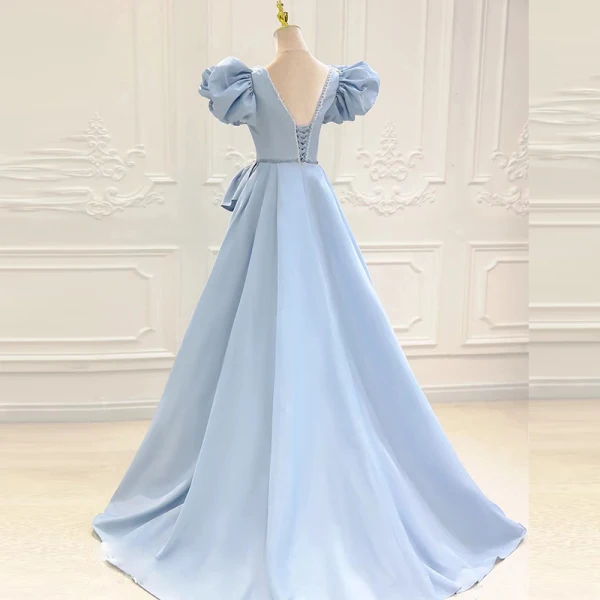 Elegant Sky Blue Prom Dresses 2023 A-Line / Princess Square Neckline Puffy Short Sleeve Backless Sweep Train Prom Formal Dresses