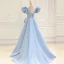 Elegant Sky Blue Prom Dresses 2023 A-Line / Princess Square Neckline Puffy Short Sleeve Backless Sweep Train Prom Formal Dresses