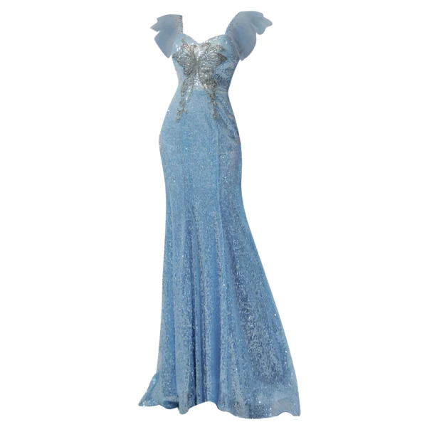 Scintillantes Bleu Ciel Perlage Paillettes Robe De Bal 2022 Trompette / Sirène Encolure Carrée Sans Manches Dos Nu Longue Robe De Ceremonie