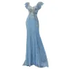 Sparkly Sky Blue Beading Sequins Prom Dresses 2022 Trumpet / Mermaid Square Neckline Sleeveless Backless Floor-Length / Long Formal Dresses
