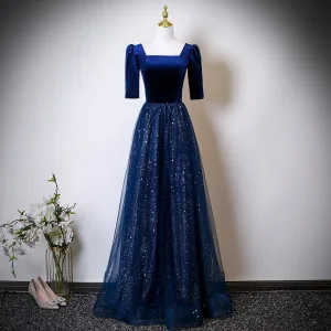 Vintage Retro Navy Blue Star Sequins Mother Of The Bride Dresses 2025 A Line Princess Square Neckline Short Sleeve Backless Floor Length Long