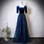 Vintage / Retro Navy Blue Star Sequins Mother Of The Bride Dresses 2025 A-Line / Princess Square Neckline Short Sleeve Backless Floor-Length / Long