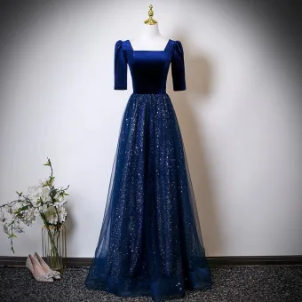 Vintage Mörk Marinblå Stjärna Paljetter Brudens Mor Klänning 2025 Prinsessa Fyrkantig Ringning Korta Ärm Halterneck Långa