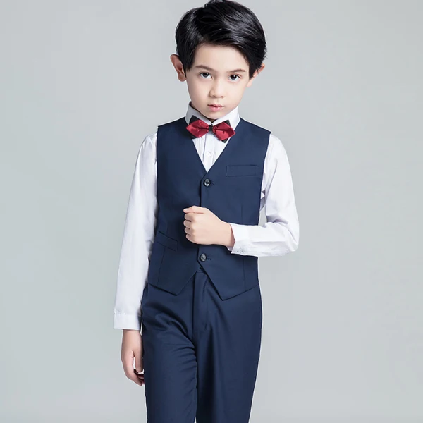 Navy Blue 4-piece Short Sleeve Boys Wedding Suits 2022 Pants Shirt Tie Vest Wedding